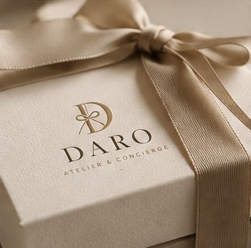An elegant DARO gift box wrapped in a champagne ribbon
